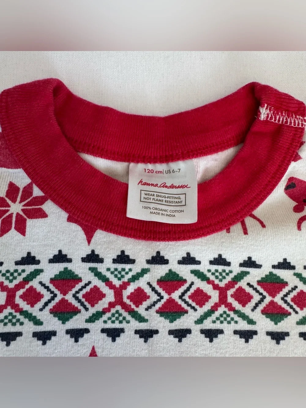 Hanna Andersson White and Red Reindeer Print Christmas Pajama Set kids 6-7 120cm